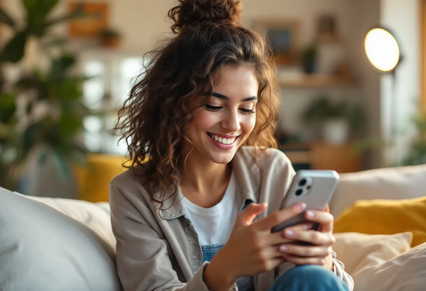 Criadora sorrindo, com o celular na mão
