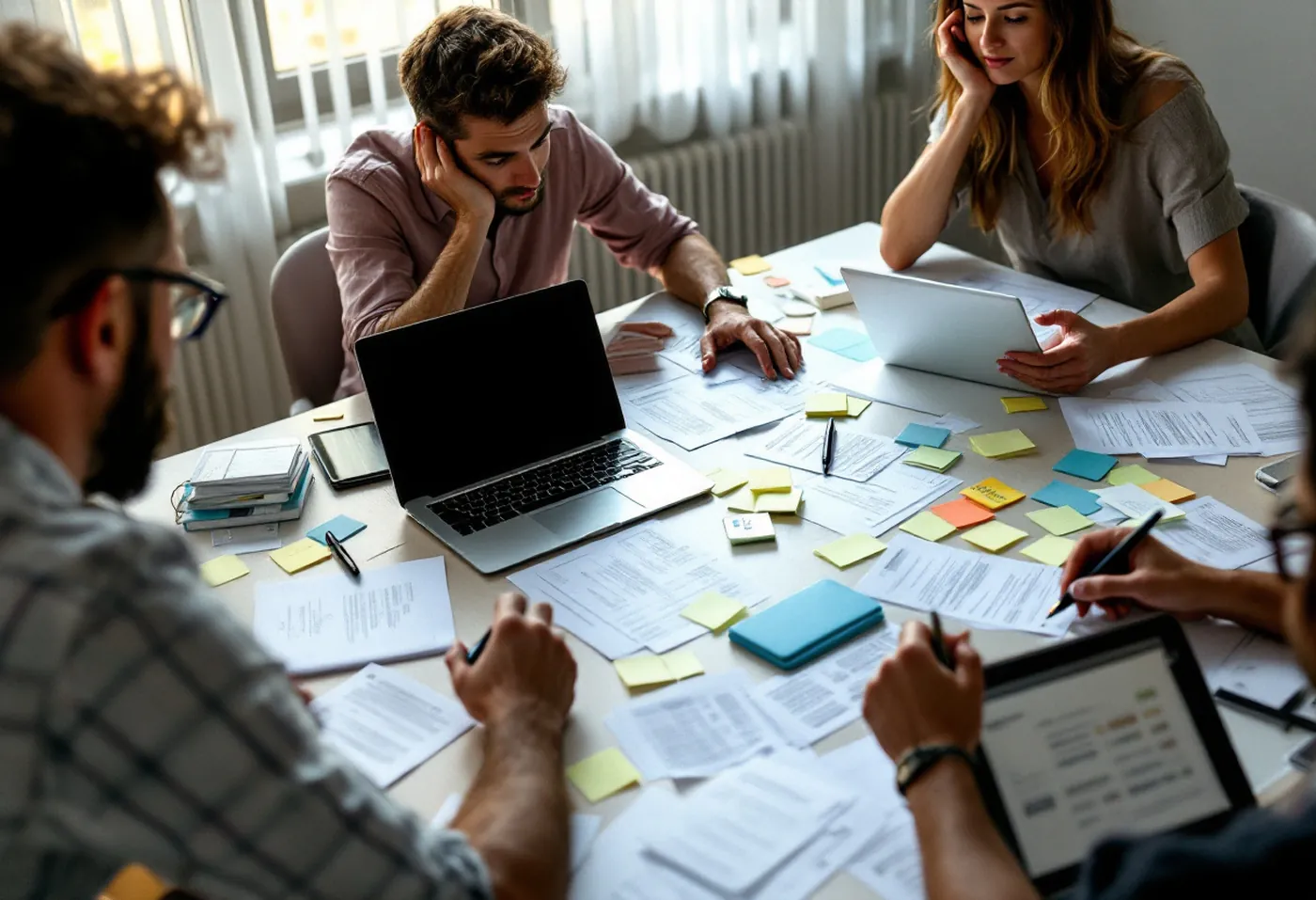 Time reunido em volta de uma mesa cheia de papel e post-it