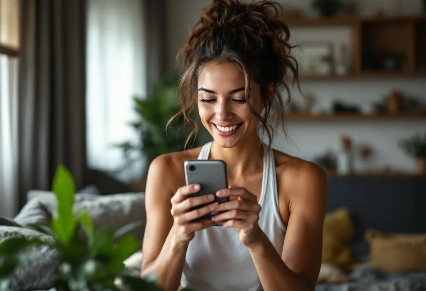 Mulher treinando em casa com o celular ao lado